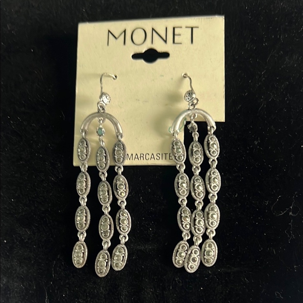Monet Silver Chandelier Earrings with Ornate Design. Marcasite.